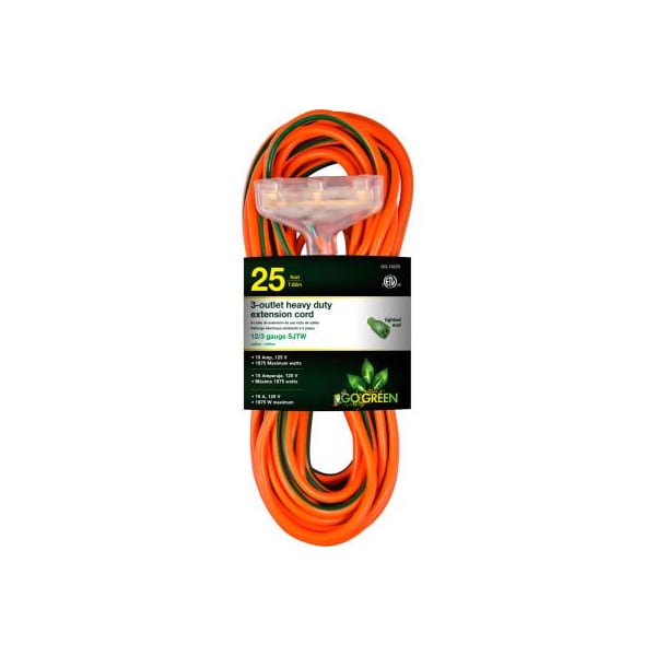 Gogreen SJTW Extension Cord, 12 AWG, Outdoor, 12/3, 3 Outlets, Orange, 25 ft GG-15225 - main